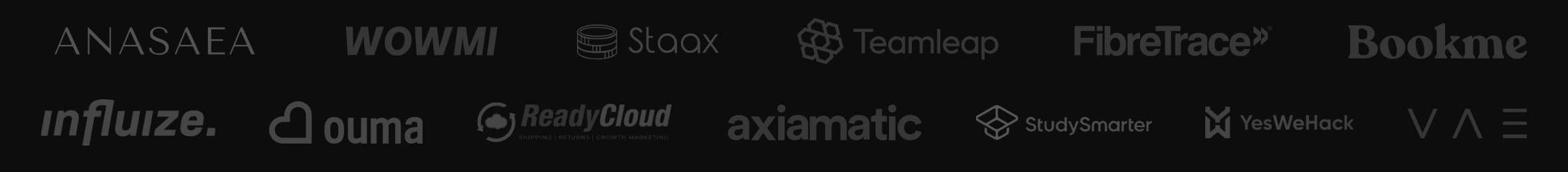 Partner logos including ANASAEA, WOWMI, Staax, Teamleap, FibreTrace, Bookme, influize, Ouma, ReadyCloud, axiamatic, StudySmarter, YesWeHack, and VAE